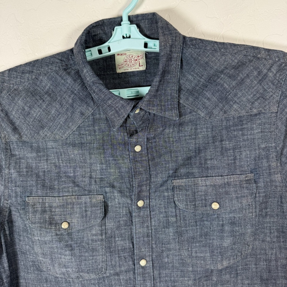 Lucky Brand Shirt Mens Large Blue Pearl Snap Short Sleeve Western Denim Chambray